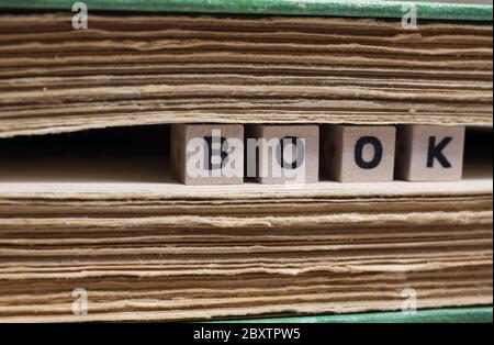 Primo piano di un libro di parole isolato scritto da piastrelle di legno di lettera tra vecchie pagine giallite (fuoco sulla parola) Foto Stock