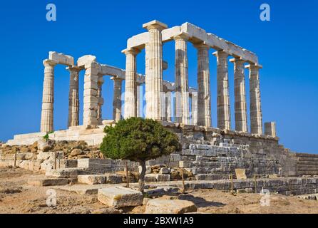 Tempio di Poseidone a Capo Sounion vicino ad Atene, Grecia Foto Stock