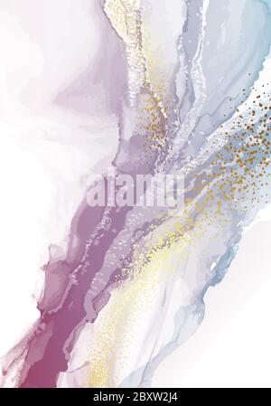 Marmo olografico colorato sfondo forma liquida. Composizione dinamica color acqua color pastello violetto con lamina d'oro brillante. Vettore Eps10. Illustrazione Vettoriale