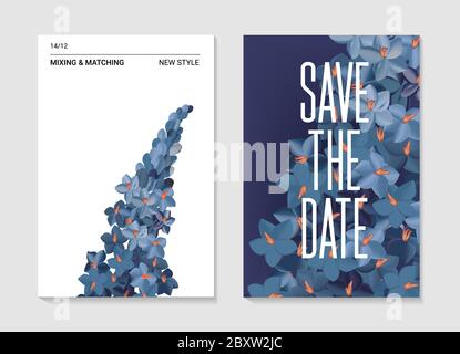 Scheda floreale vettoriale digitale viola idrangea. Natura realistica stampa 3d, moderno invito fiori, nlue fiori acquerello salvare il modello data. Gard Illustrazione Vettoriale