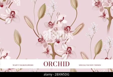 Sfondo rosa ocida tenero. Vector Reportal floreale bouquet design: giardino rosa orchidee fiore, Orchidee con boccioli, morbido verde vacchina. Mercoledì Illustrazione Vettoriale