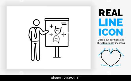 Icona di linea reale modificabile di un uomo d'affari figura bastone che dà una presentazione sulle droghe Illustrazione Vettoriale