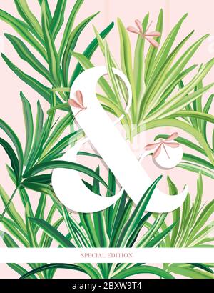 Foglie di palma fresche di foglie di banana tropicale mano realistica disegnata su sfondo rosa. Set di foglie esotiche di foglie di foglie di foglie, poster paradiso giungla, Ra Illustrazione Vettoriale