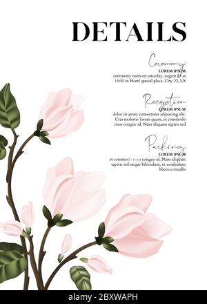 Tender rosa stampa vettoriale 3d realistica, modello di biglietto da sposa. Salvare la data in rosa. Illustrazione Vettoriale