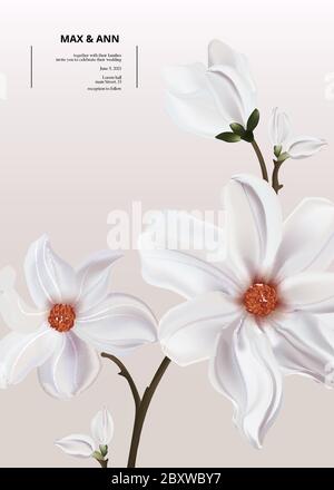 Stampa vettoriale 3d realistica con magnolia bianco tenera, saluto di compleanno, modello di biglietto di nozze, concetto di vacanza donna. Salva la data soft giardino fiore il Illustrazione Vettoriale