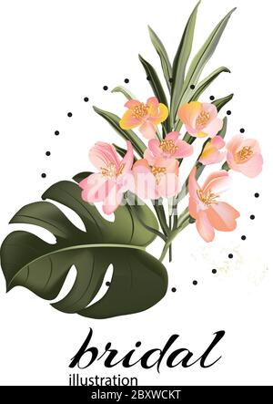 Fiori esotici di acquerello disegnati a mano e foglie di palma di monstera. Summer tropicale verde scuro partito con elementi in oro, carta d'invito modello de Illustrazione Vettoriale