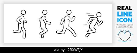 Set di icone di linea reale modificabile di una figura di bastone ragazzo che corre veloce e jogging Illustrazione Vettoriale