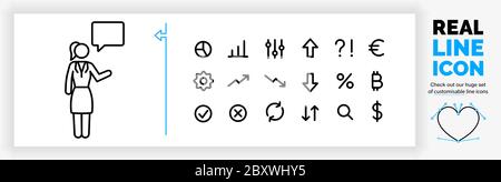 Icona di linea modificabile di una donna figura bastone che parla Illustrazione Vettoriale