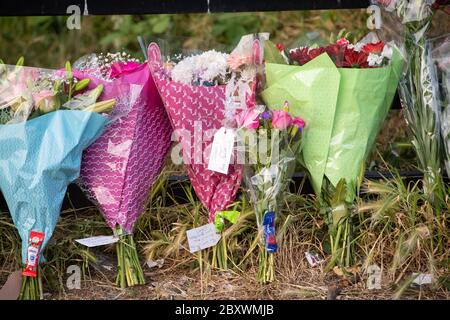 Fiori all'ingresso del Fryent Country Park, a Wembley, a nord di Londra, dove è stata avviata un'indagine sugli omicidi a seguito della morte di due sorelle. Foto Stock