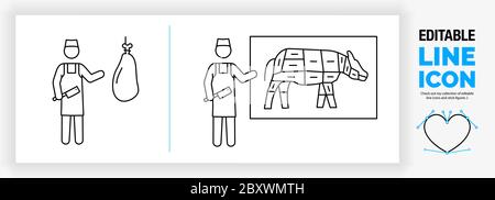 Icona della linea modificabile di un macellaio di figura del bastone nel suo negozio Illustrazione Vettoriale