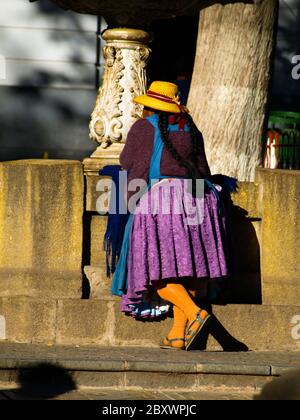 Donna boliviana - colita - in tipico abito colorato con gonna viola e capanna gialla in piedi alla fontana. Vista dal lato posteriore. Potosi, Bolivia Foto Stock