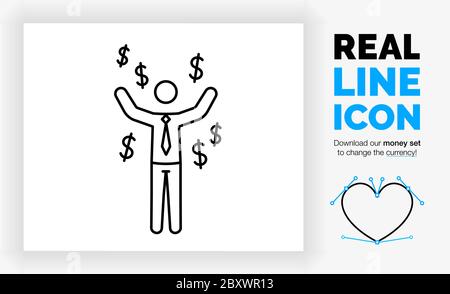Icona di linea reale modificabile di un uomo d'affari felice della figura del bastone che è molto ricco Illustrazione Vettoriale