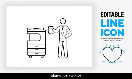 Icona della linea modificabile di un uomo d'affari con figure a bastone in piedi accanto alla copiatrice nel reparto stampa Illustrazione Vettoriale