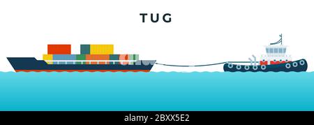 Rimorchiatore progettato per trainare altre navi e container nave con contenitori vettore icona piatta isolato. Illustrazione Vettoriale