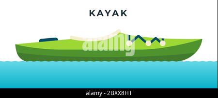 Il kayak è una lunga barca stretta e leggera, utilizzata per lo sport e turismo vettore icona piatta isolato. Illustrazione Vettoriale