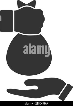 Mano che dà sacchetto di denaro ad un'altra mano. Icona nera piatta su sfondo bianco Illustrazione Vettoriale