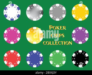 Poker chip impostati su sfondo verde isolato. Illustrazione Vettoriale