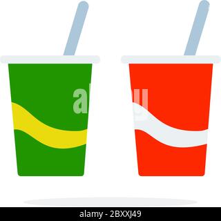 Coppette in plastica per bevande con cannuccia piatta isolata Illustrazione Vettoriale