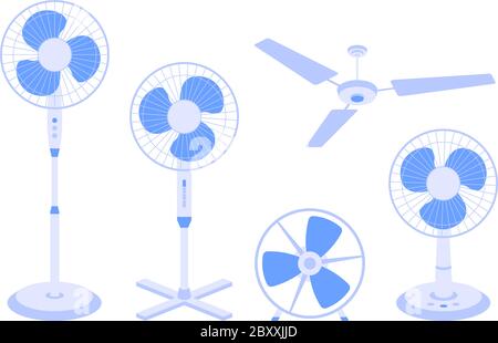 Gruppo vettoriale di ventilatori elettrici di vario tipo isolati su sfondo bianco. Fascio o raccolta di dispositivi domestici per il raffreddamento e il condizionamento dell'aria, Illustrazione Vettoriale