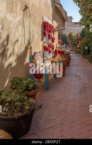 Strada fiancheggiata da mattoni con peperoncini rossi appesi nella città vecchia di Albuquerque, New Mexico Foto Stock