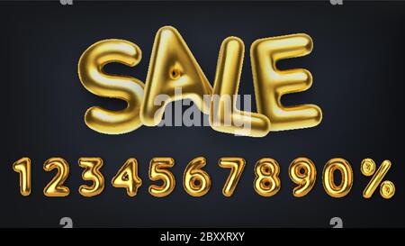 Vendita 3D realistica di iscrizione d'oro. Promozione sconto set off vendita fatta di palloncini d'oro 3d realistici. Numero in forma di palloncini d'oro Illustrazione Vettoriale