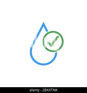 Pulire il logo vettoriale dell'acqua potabile con un segno di spunta. Acqua pulita. Illustrazione vettoriale stock isolata su sfondo bianco. Illustrazione Vettoriale