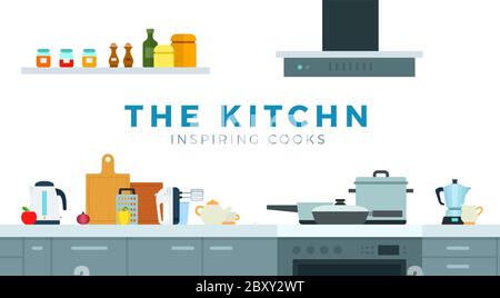 Cucina moderna illustrazione vettoriale interni in stile piatto. Illustrazione Vettoriale