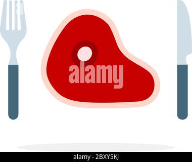 Carne grezza sull'osso con un vettore forchetta e coltello piatto isolato Illustrazione Vettoriale