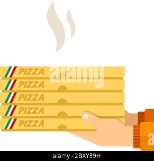 Pizza calda nelle mani di un vettore corriere piatto isolato Illustrazione Vettoriale