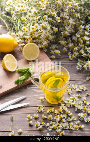 Una tazza di tè alle erbe camomilla con fiori di camomilla, limoni e foglie di menta. Il concetto di medicina alternativa e di stimolo immunitario Foto Stock