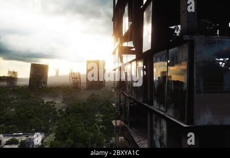 Città dell'Apocalisse nella nebbia. Veduta aerea della città distrutta. Concetto di Apocalisse. rendering 3d. Foto Stock