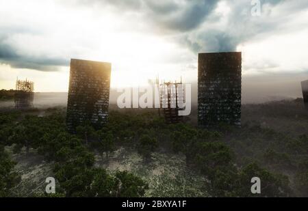 Città dell'Apocalisse nella nebbia. Veduta aerea della città distrutta. Concetto di Apocalisse. rendering 3d. Foto Stock