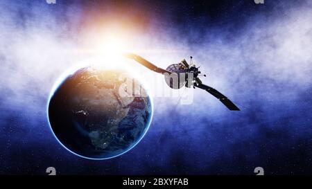 Satellite nello spazio. Vista della terra. Alba. rendering 3d. Foto Stock
