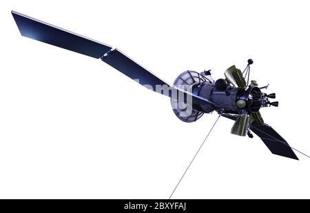 Satellite nello spazio. Isolare su bianco. rendering 3d. Foto Stock