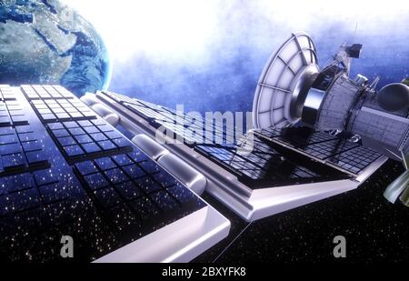 Satellite nello spazio. Vista della terra. Alba. rendering 3d. Foto Stock