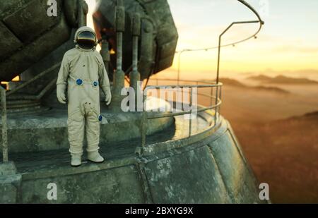 solo astronauta su pianeta alieno. Martian su base metallica. Concetto futuro. rendering 3d. Foto Stock