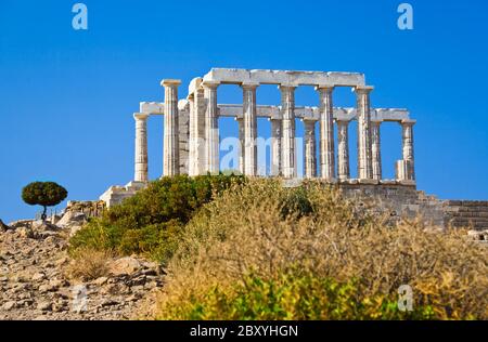 Tempio di Poseidone a Capo Sounion vicino ad Atene, Grecia Foto Stock