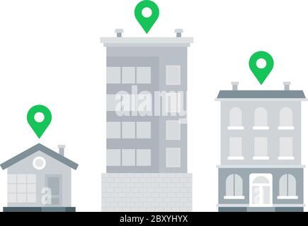 Perni di posizione sopra edifici icona vettoriale piatta isolato Illustrazione Vettoriale