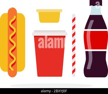 Hot dog, tazzina di plastica alta per bevande, soda in bottiglia, cannucce, contenitore di senape Illustrazione Vettoriale