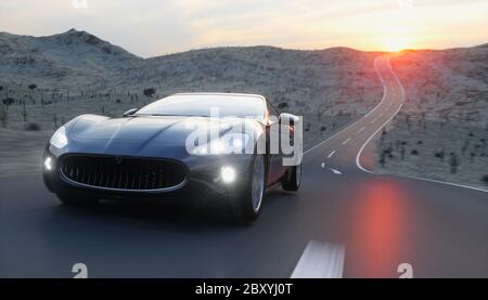 Auto sportiva nera su strada, autostrada. Guida molto veloce. rendering 3d. Foto Stock