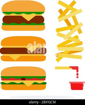 Cheeseburger, hamburger con manzo, hamburger vegetariano e patatine fritte con ketchup Illustrazione Vettoriale