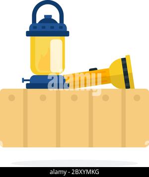 Vecchia lampada portatile e torcia tascabile su una scatola piatta isolata Illustrazione Vettoriale