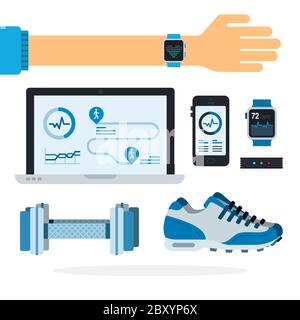 Set di attrezzature sportive, app su gadget, sneaker e mano con bracciale icona vettoriale piatta isolato. Illustrazione Vettoriale