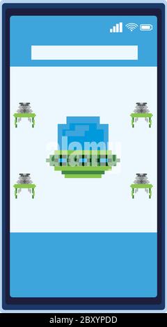 lo spazio alieni con ufo nello smartphone 8 bit pixel icona vettore disegno illustrazione Illustrazione Vettoriale