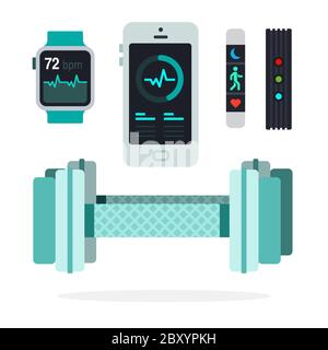 Set di attrezzature sportive, vari tipi di braccialetti fitness Trackers fitness vettore icona piatta isolato. Illustrazione Vettoriale