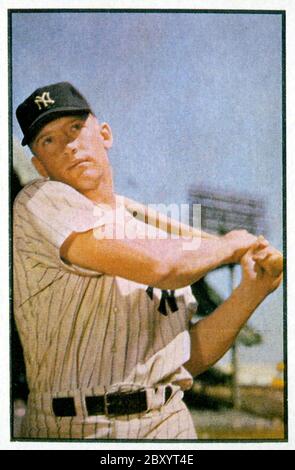 Carta da baseball a colori Bowman Topolino 1953 con i New York Yankees. Foto Stock