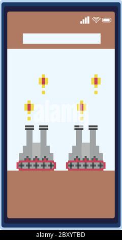 war tanks veicoli in smartphone 8 bit pixel icone disegno vettoriale illustrazione Illustrazione Vettoriale