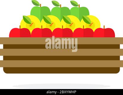 Mele verdi rosse e gialle in una scatola di legno piatta isolato Illustrazione Vettoriale