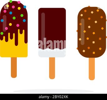Gelato su un bastone con glassa di cioccolato piatta isolato Illustrazione Vettoriale