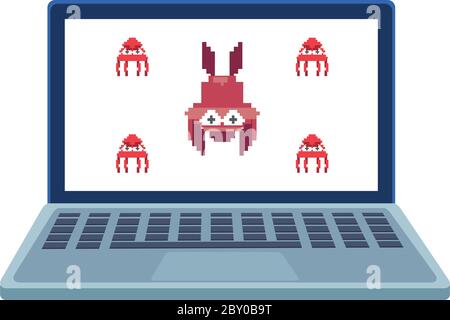 alieni di spazio nel laptop 8 bit pixel icona vettore disegno illustrazione Illustrazione Vettoriale